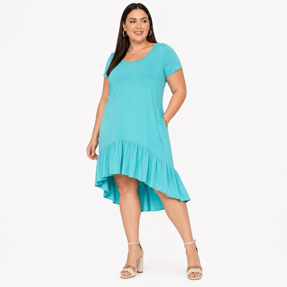 Zim & Zoe High Low Ruffle Solid T-Shirt Dress Teal Blue Knit Pockets Size 18